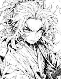 High-quality line art of a Rengoku from Demon Slayer coloring page, showing the Flame Hashira's intense, determined face, wild fiery hair, and hand on his katana, in a dynamic anime style.