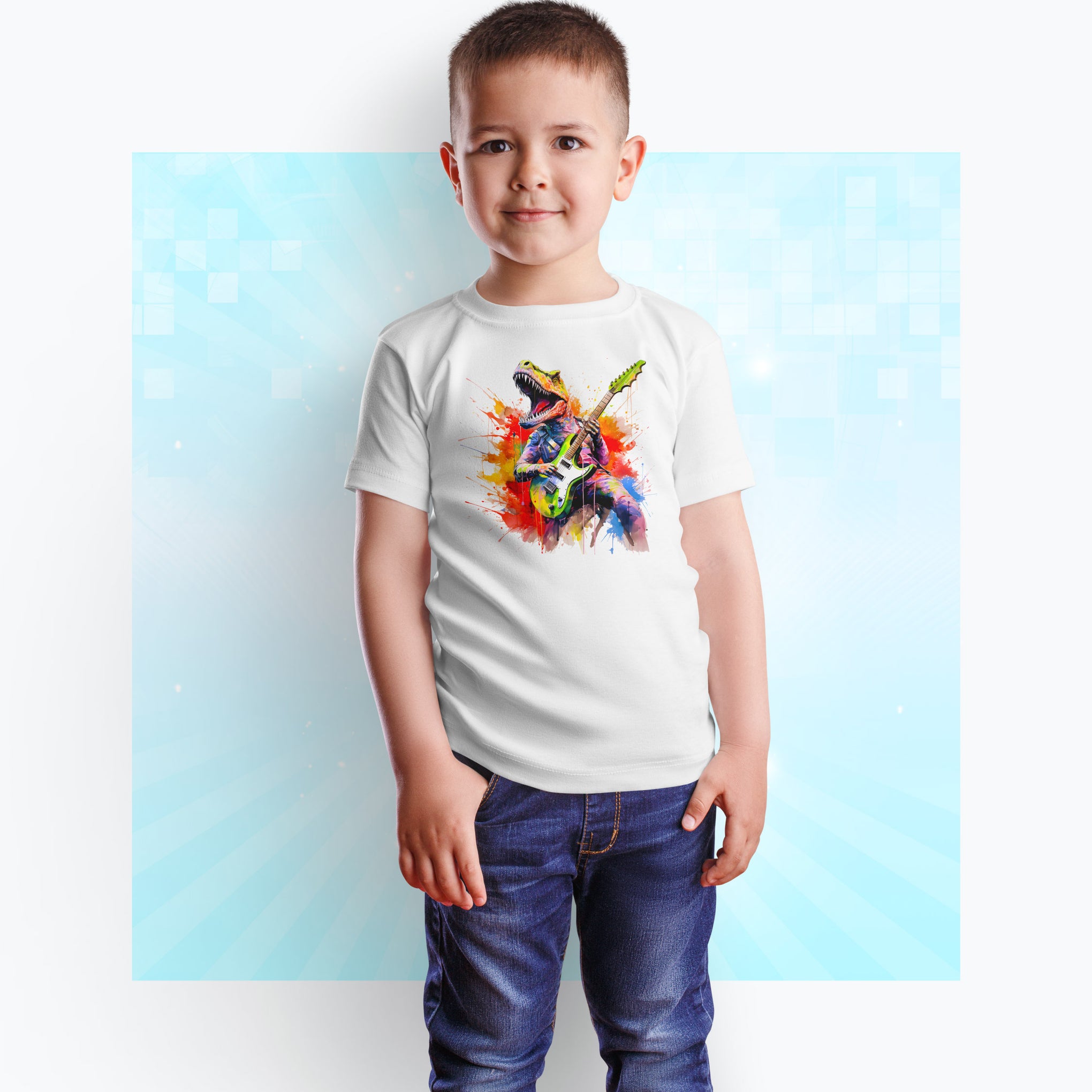 Rockin' Dino Dreamscape: Groovy Dino Jamming on Guitar in a Square Scape Dream Kids Heavy Cotton™ Tee