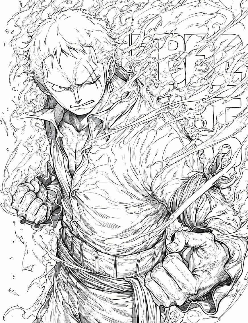 Line art of Roronoa Zoro from One Piece, showcasing his fierce expression and dynamic pose for coloring.