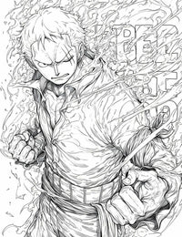 Line art of Roronoa Zoro from One Piece, showcasing his fierce expression and dynamic pose for coloring.