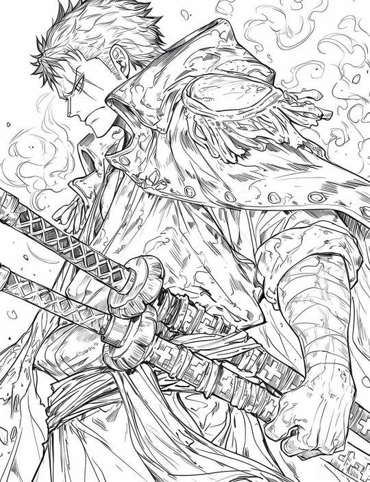 Roronoa Zoro coloring page depicting dynamic action pose with swords from One Piece.