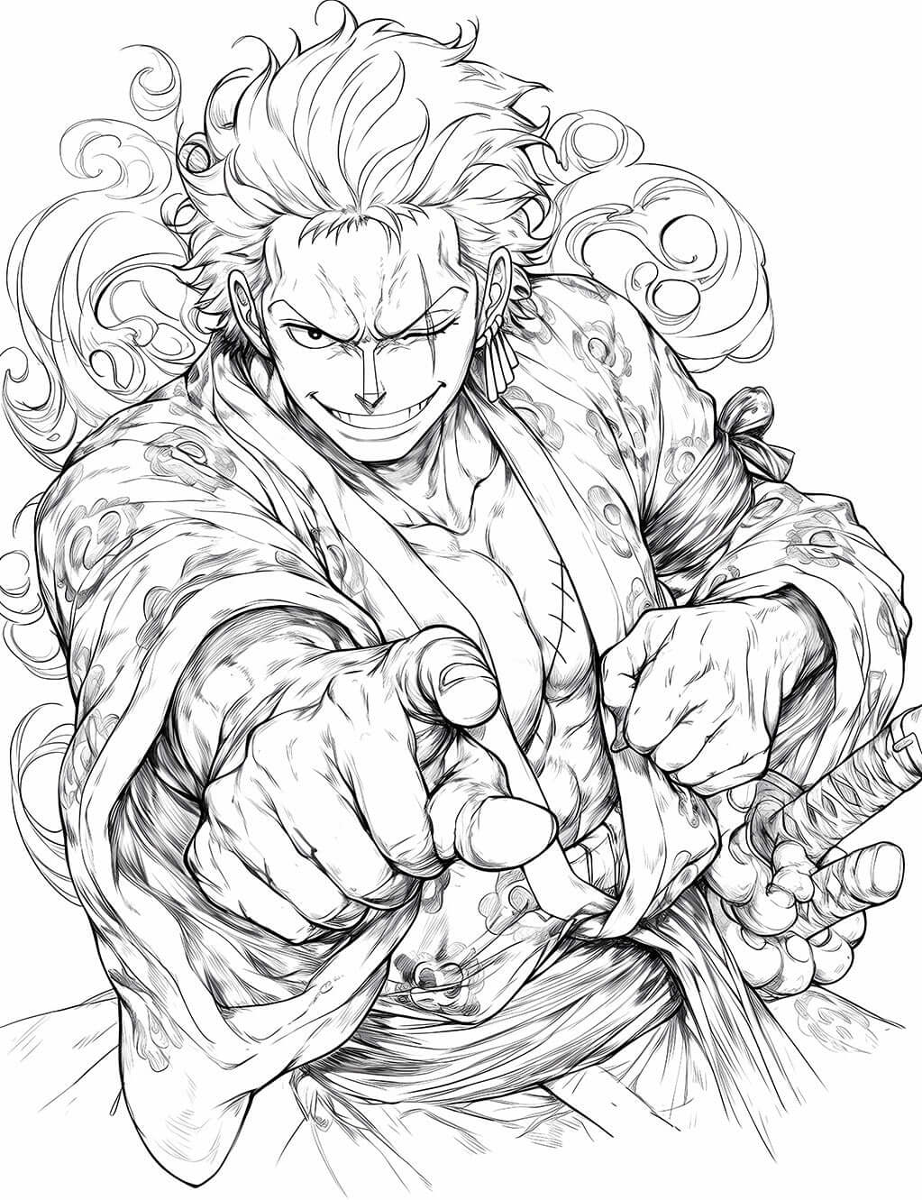 Roronoa Zoro Dynamic Pose Coloring Page – Exclusive One Piece Download