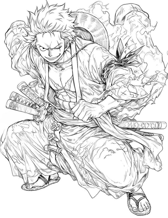 Roronoa Zoro Wano Kuni coloring page featuring the iconic samurai with swords and dynamic pose.