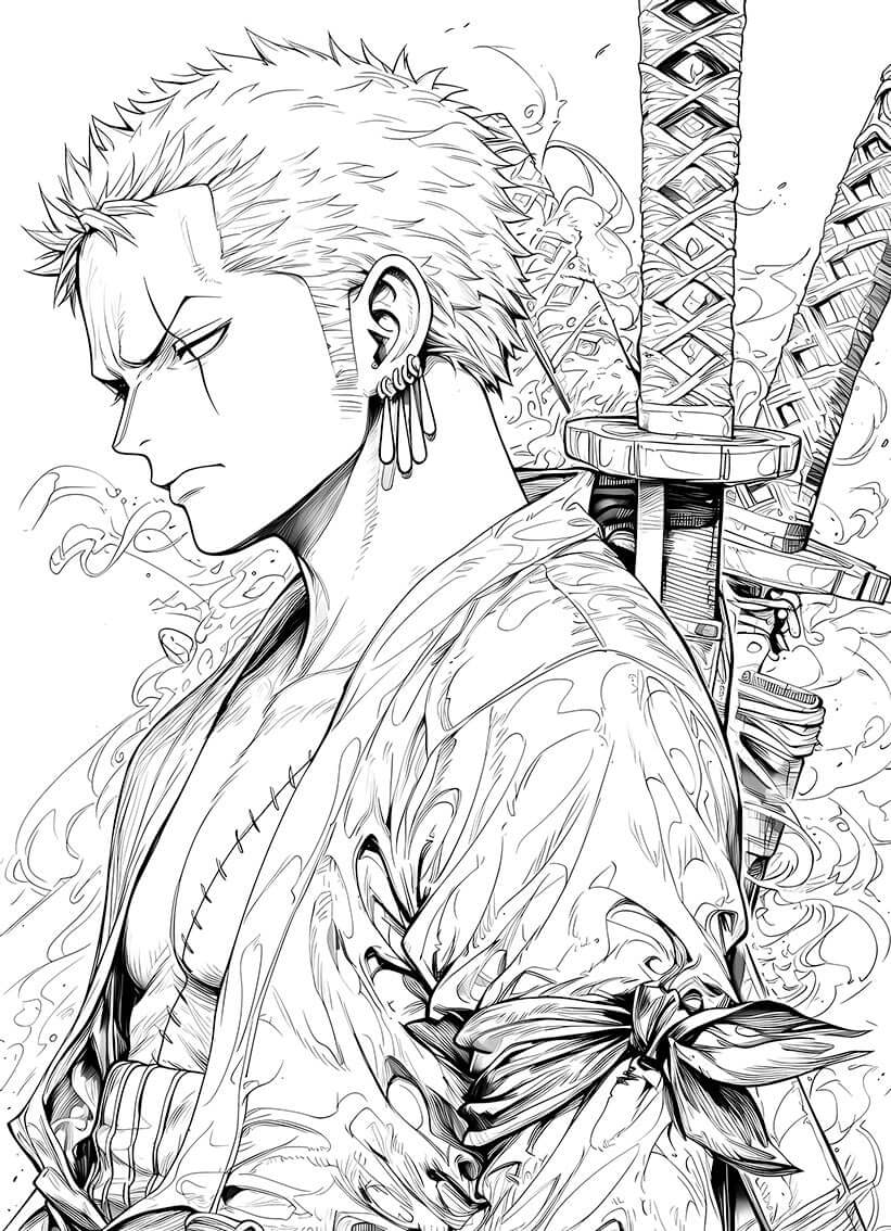 Roronoa Zoro Wano profile coloring page art featuring stoic swordsman with three swords.