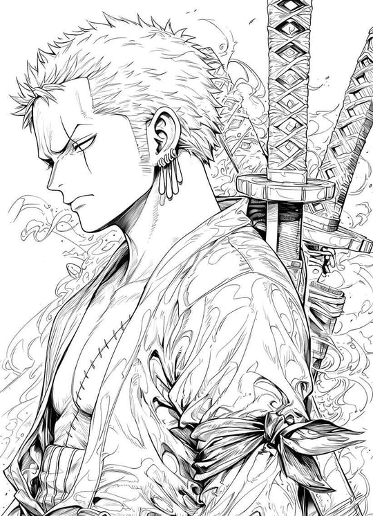 Roronoa Zoro Wano profile coloring page art featuring stoic swordsman with three swords.