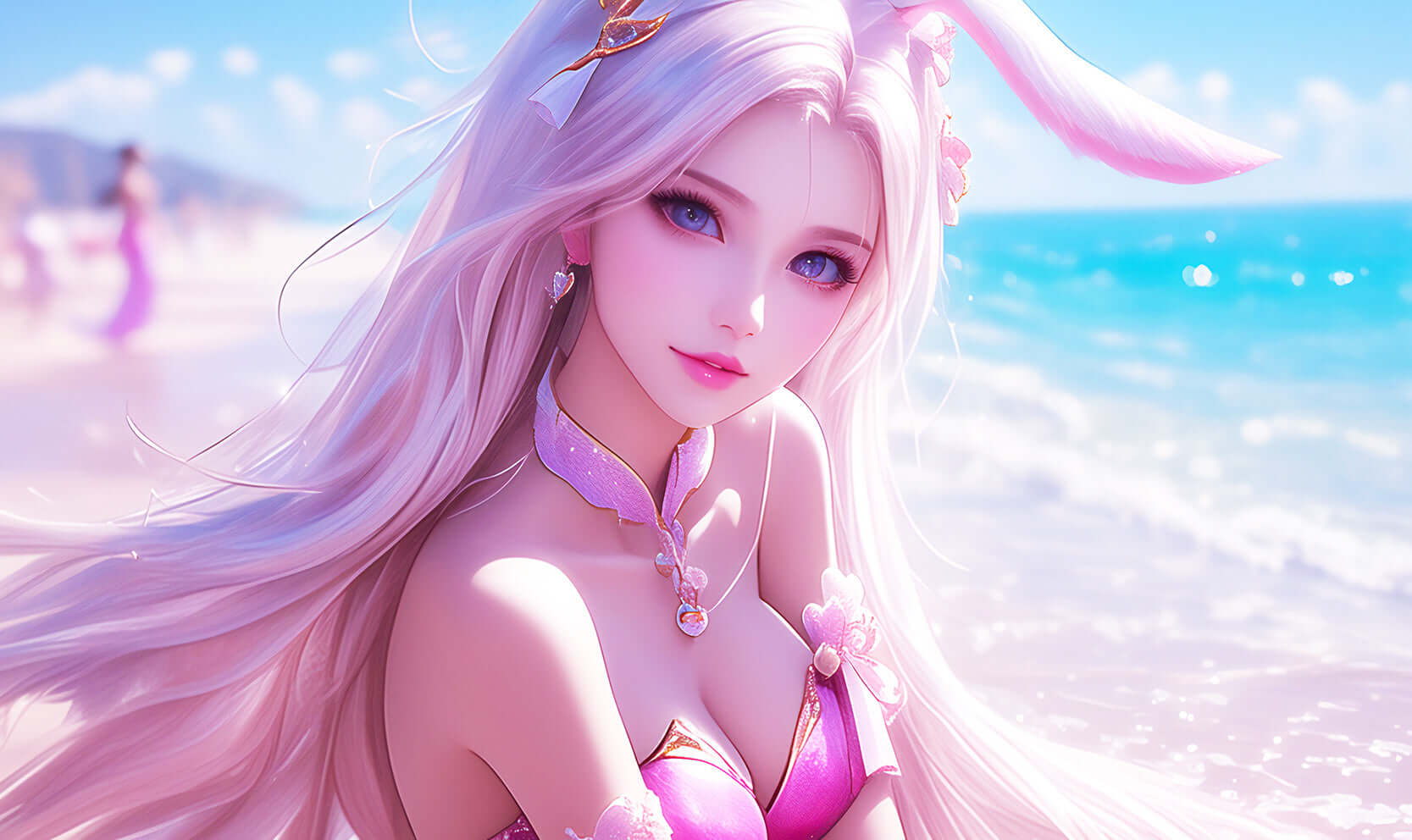 Anime Beach Bunny in a pink outfit at the shore, embodying serene summer vibes in digital art.