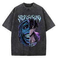 A vintage-style Solo Leveling Vintage T-shirt made of washed black cotton featuring a Sung Jinwoo graphic print, designed as Harajuku streetwear.