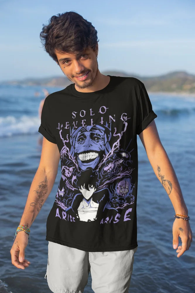 A premium Solo Leveling T-Shirt made of soft cotton, featuring a dynamic anime graphic of Sung Jin Woo and the Shadow Army.