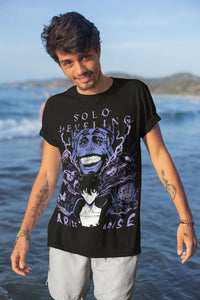 A premium Solo Leveling T-Shirt made of soft cotton, featuring a dynamic anime graphic of Sung Jin Woo and the Shadow Army.