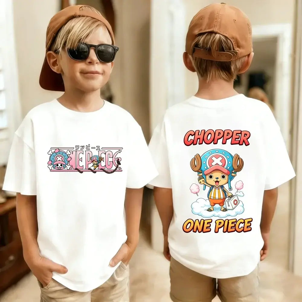 One Piece Kids T-Shirt Anime Luffy Zoro Chopper character print close-up cotton fabric detail