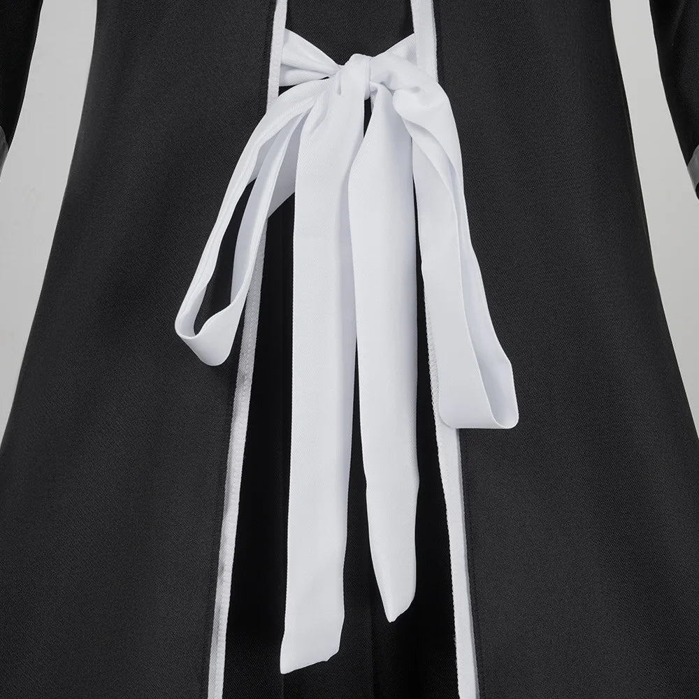 Kurosaki Ichigo Cosplay Costume complete display featuring overcoat, inner vest, pants, and white waist belt.