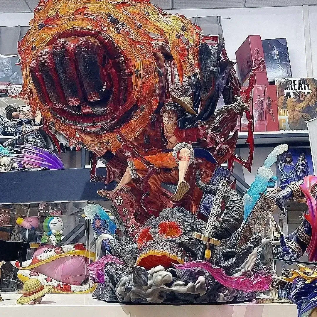 A dynamic Luffy Gear 3 Figure made of PVC, featuring glowing LED Red Roc fire effects, designed as a GK anime collectible statue.