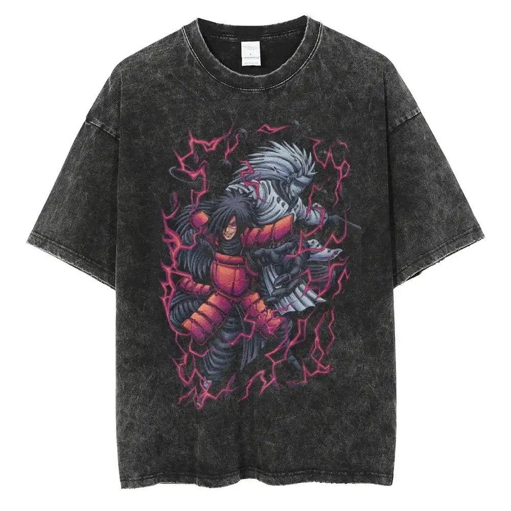 A man wearing the vintage black Japanese Anime Naruto Print T Shirt in a Harajuku hip hop streetwear style.