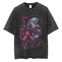 A man wearing the vintage black Japanese Anime Naruto Print T Shirt in a Harajuku hip hop streetwear style.