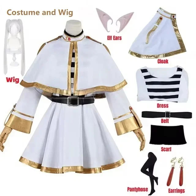 Frieren Cosplay Costume Set featuring dress, wig, elf ears, and earrings for anime enthusiasts.