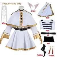 Frieren Cosplay Costume Set featuring dress, wig, elf ears, and earrings for anime enthusiasts.