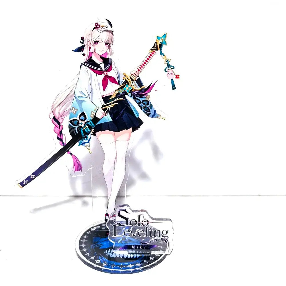 A high-definition 15cm Solo Leveling Acrylic Stand featuring Sung Jinwoo, Sung Jin Ah, and Yoo Jin Ho anime action figures for desk decoration.