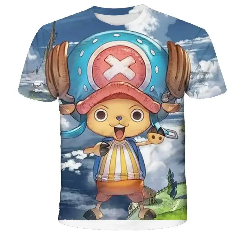 A 3D printed One Piece Luffy T-Shirt featuring a dynamic cartoon cosplay graphic of Monkey D. Luffy for boys' summer fashion.