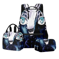 A 3-piece Jujutsu Kaisen Backpack Set featuring a digital print schoolbag, thermal lunch bag, and 2-layer pencil case for boys.