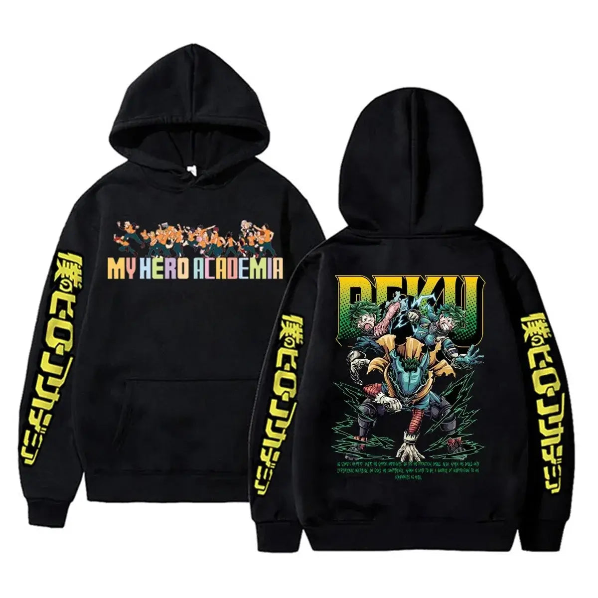An oversized Midoriya Izuku Hoodie featuring a black and white manga graphic print, styled as unisex Harajuku streetwear for men and women.