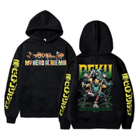 An oversized Midoriya Izuku Hoodie featuring a black and white manga graphic print, styled as unisex Harajuku streetwear for men and women.