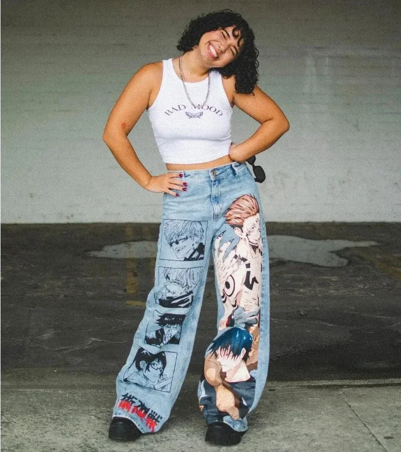 Trendy Y2K Anime Baggy Jeans featuring a Harajuku graphic print pattern, designed as high-waisted vintage streetwear for men and women.