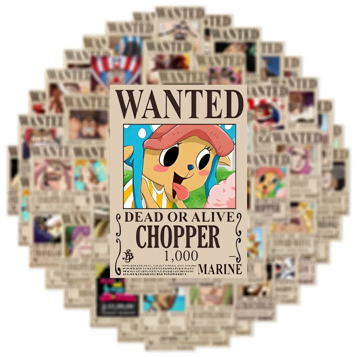 A pack of 50 One Piece Wanted Posters stickers and cool graffiti decals featuring Luffy and the Straw Hat crew, applied to a laptop and suitcase.