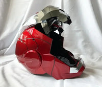A wearable AutoKing Iron Man Helmet (Mk5) featuring voice-controlled opening face plates and glowing LED eyes for adult cosplay and display.