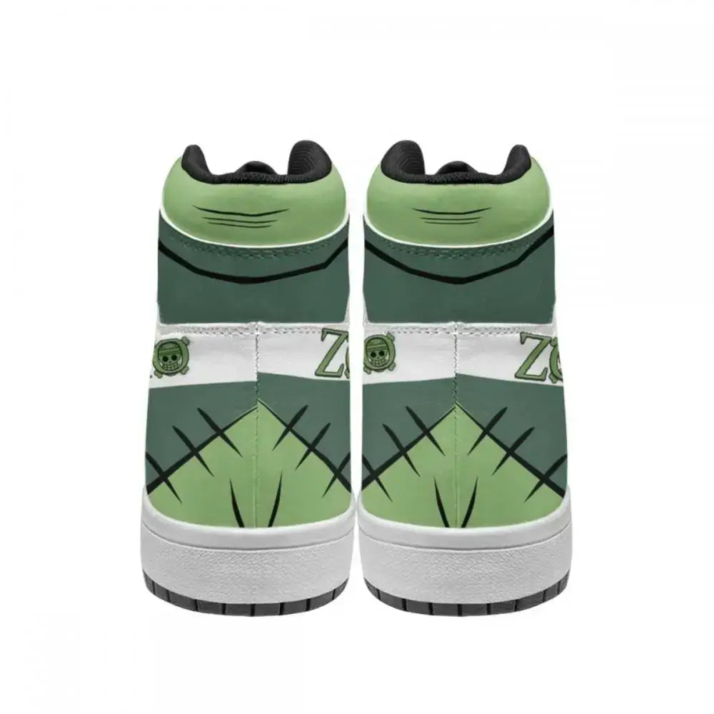 A pair of custom One Piece Basketball Shoes featuring anime designs of Luffy and Zoro, suitable as unisex sneakers.