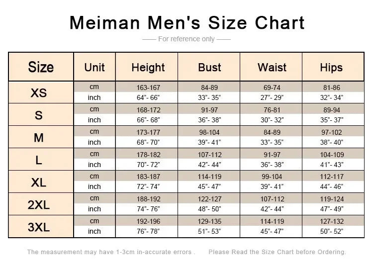 Natsu Dragneel Fairy Tail Cosplay Costume Blue Black Meiman Men's Size Chart showing height, bust, waist, and hips measurements for sizes XS to 3XL.