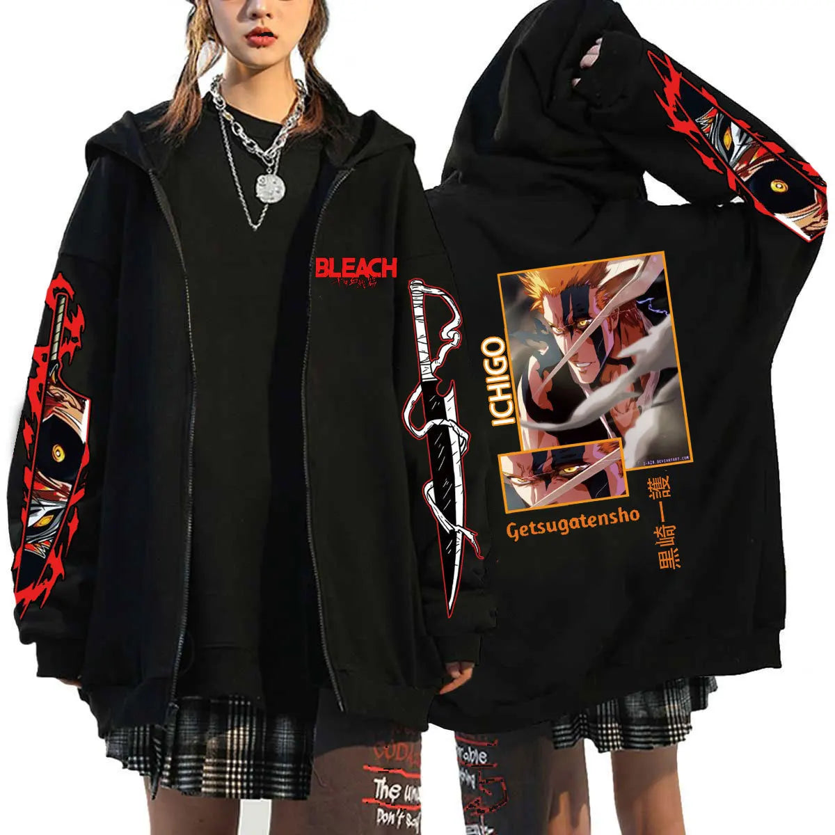 A unisex Bleach Zip Up Hoodie featuring 3D cosplay prints of Kurosaki Ichigo, Kyoraku Shunsui, and Hitsugaya Toshiro for anime fans.