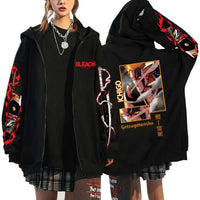 A unisex Bleach Zip Up Hoodie featuring 3D cosplay prints of Kurosaki Ichigo, Kyoraku Shunsui, and Hitsugaya Toshiro for anime fans.