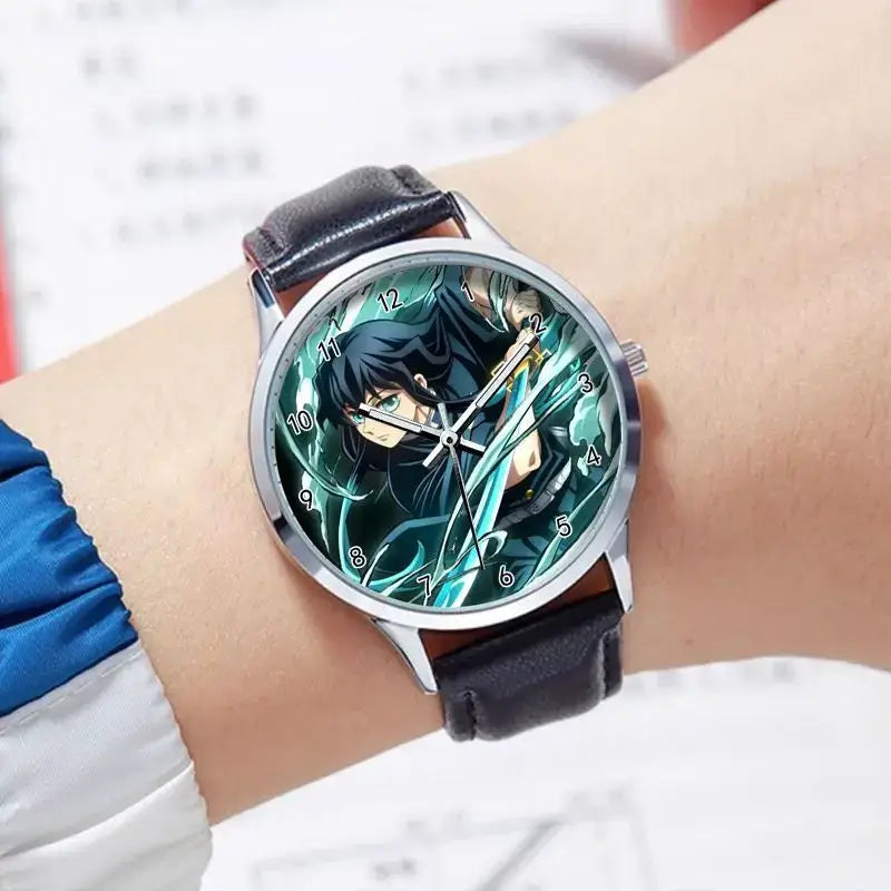 A stylish Demon Slayer Watch featuring two-dimensional anime art of Rengoku Kyoujurou and Tokitou Muichirou, designed as a trendy business wristwatch.