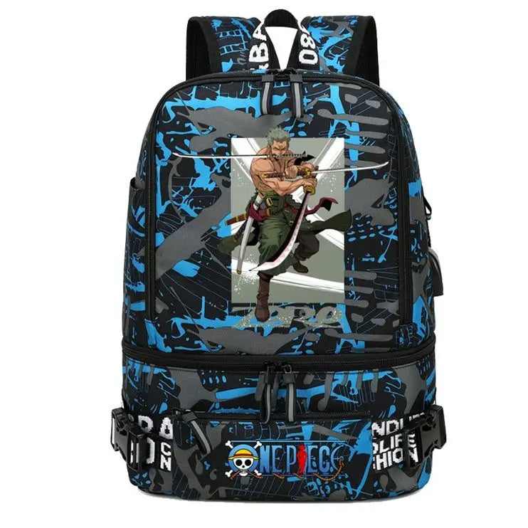 One Piece Anime Polyester School Travel Backpack featuring vibrant artwork and stylish design for teens.