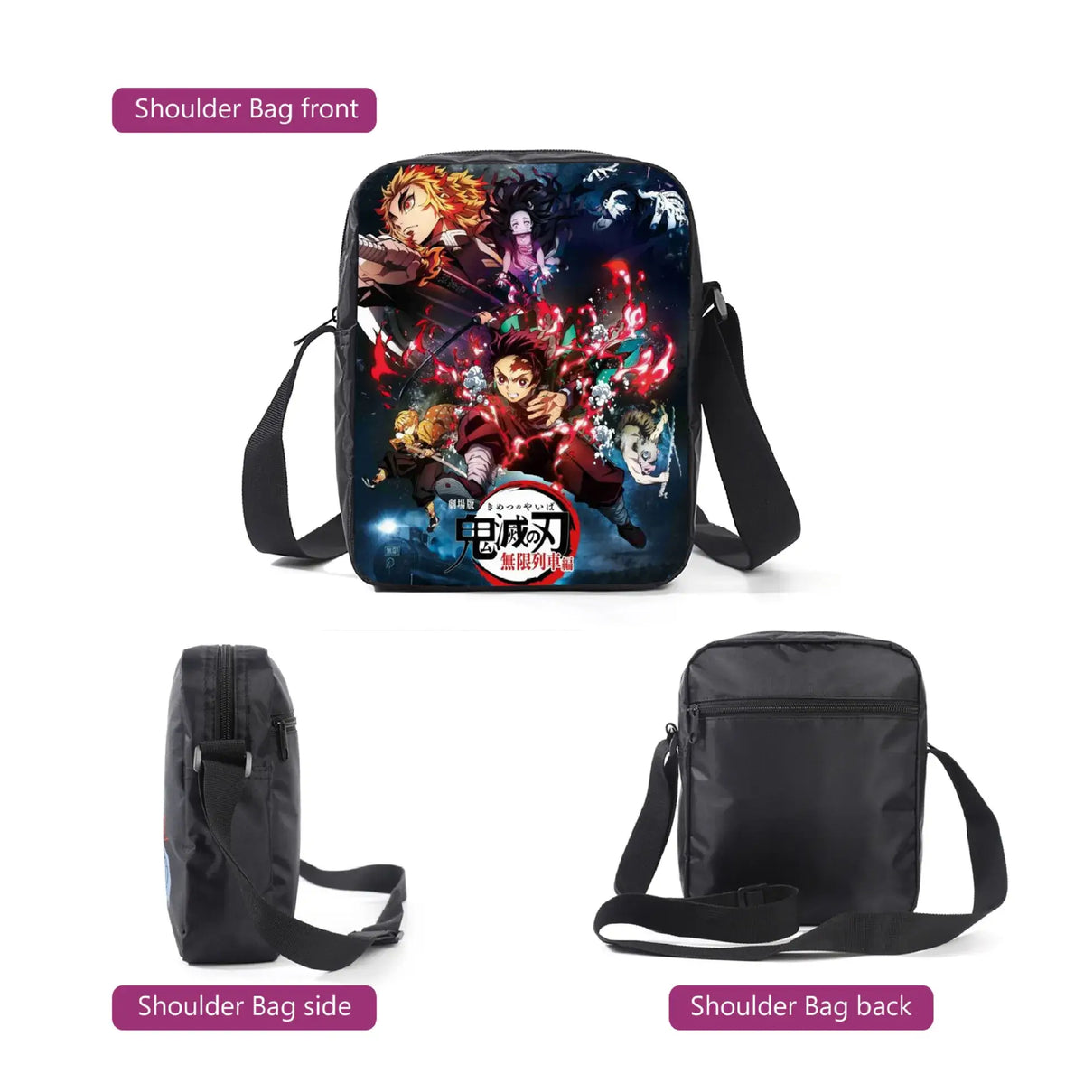 A pink Demon Slayer Backpack 3-piece set featuring Kamado Nezuko anime art, including a schoolbag, shoulder bag, and pencil case for students.
