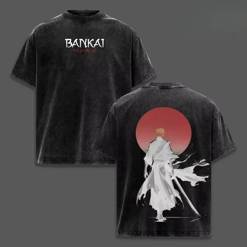 Bleach T-Shirt Vintage Washed Anime Streetwear oversized nylon-cotton blend Y2K hip-hop Bleach anime graphic washed finish applique unisex S to XXXL front view