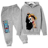 A comfortable One Piece Hoodie Set for kids featuring Monkey D. Luffy anime graphics, including a hoodie and pants 2-piece sports suit.