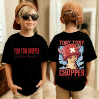 One Piece Kids T-Shirt Luffy Zoro Nami Chopper front view flat lay white background cute cartoon character print