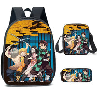 A pink Demon Slayer Backpack 3-piece set featuring Kamado Nezuko anime art, including a schoolbag, shoulder bag, and pencil case for students.