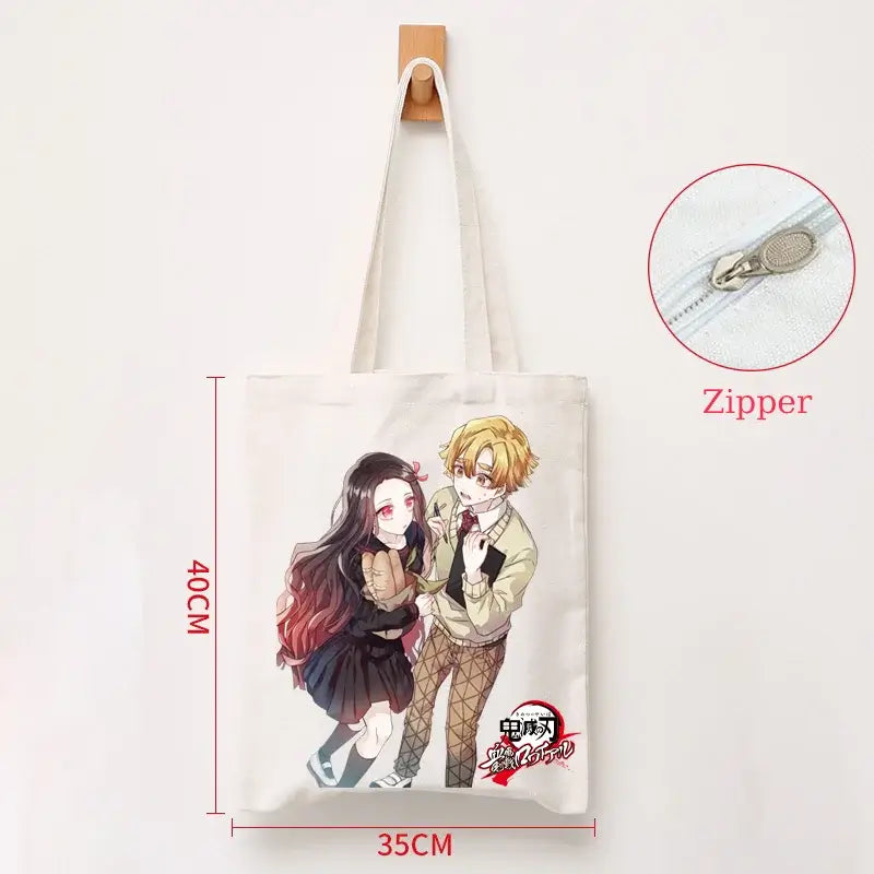 A durable Demon Slayer Canvas Bag featuring Kamado Nezuko and Tanjiro anime graphics, designed as a zipper tote for students and shoppers.