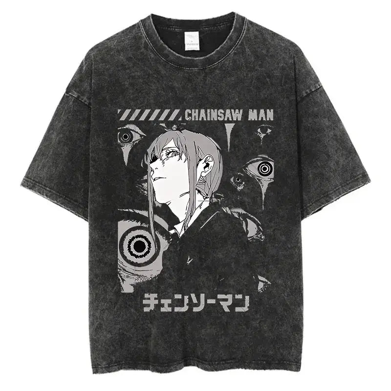 Chainsaw Man Power Print T-Shirt Y2K Harajuku washed cotton unisex anime tee men women