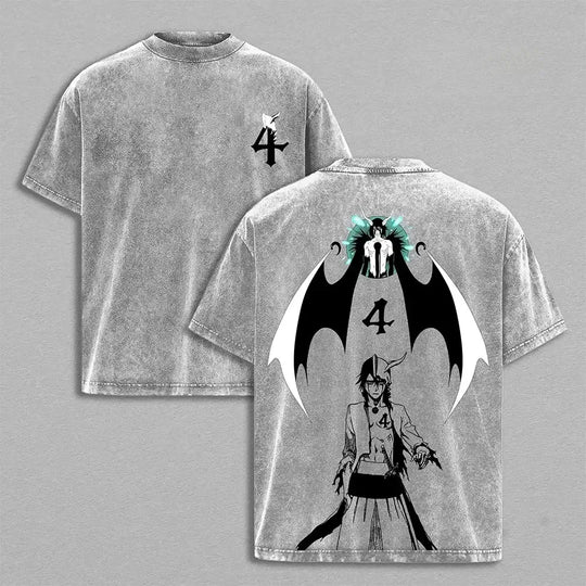 Ulquiorra Cifer Bleach Vintage Washed T-Shirt featuring a graphic design of the character and the number 4 on a vintage style shirt.