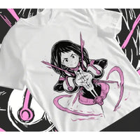 A trendy unisex Ochaco Uraraka T-Shirt featuring cute Uravity anime graphic art, designed as soft cotton 2025 four seasons cosplay fashion.