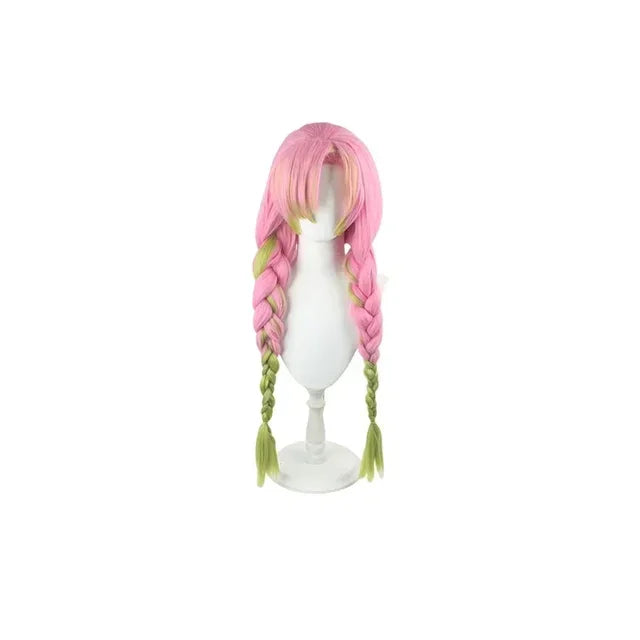 A complete Mitsuri Kanroji Cosplay Costume featuring the white haori, black uniform dress, and pink-green gradient wig for adults and children.
