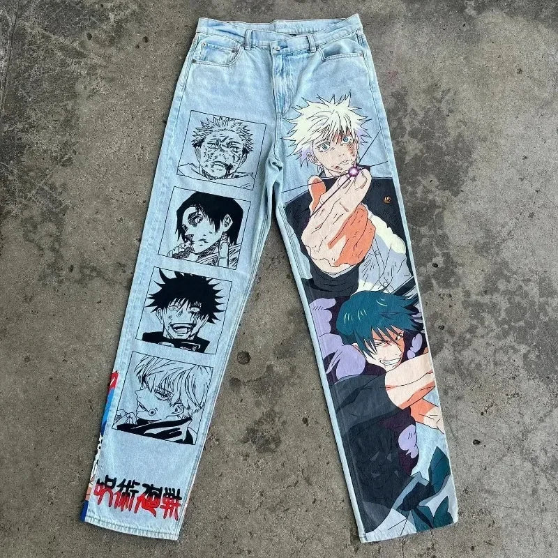 Trendy Y2K Anime Baggy Jeans featuring a Harajuku graphic print pattern, designed as high-waisted vintage streetwear for men and women.
