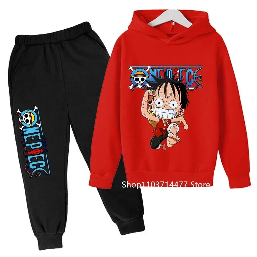 A comfortable One Piece Hoodie Set for kids featuring Monkey D. Luffy anime graphics, including a hoodie and pants 2-piece sports suit.