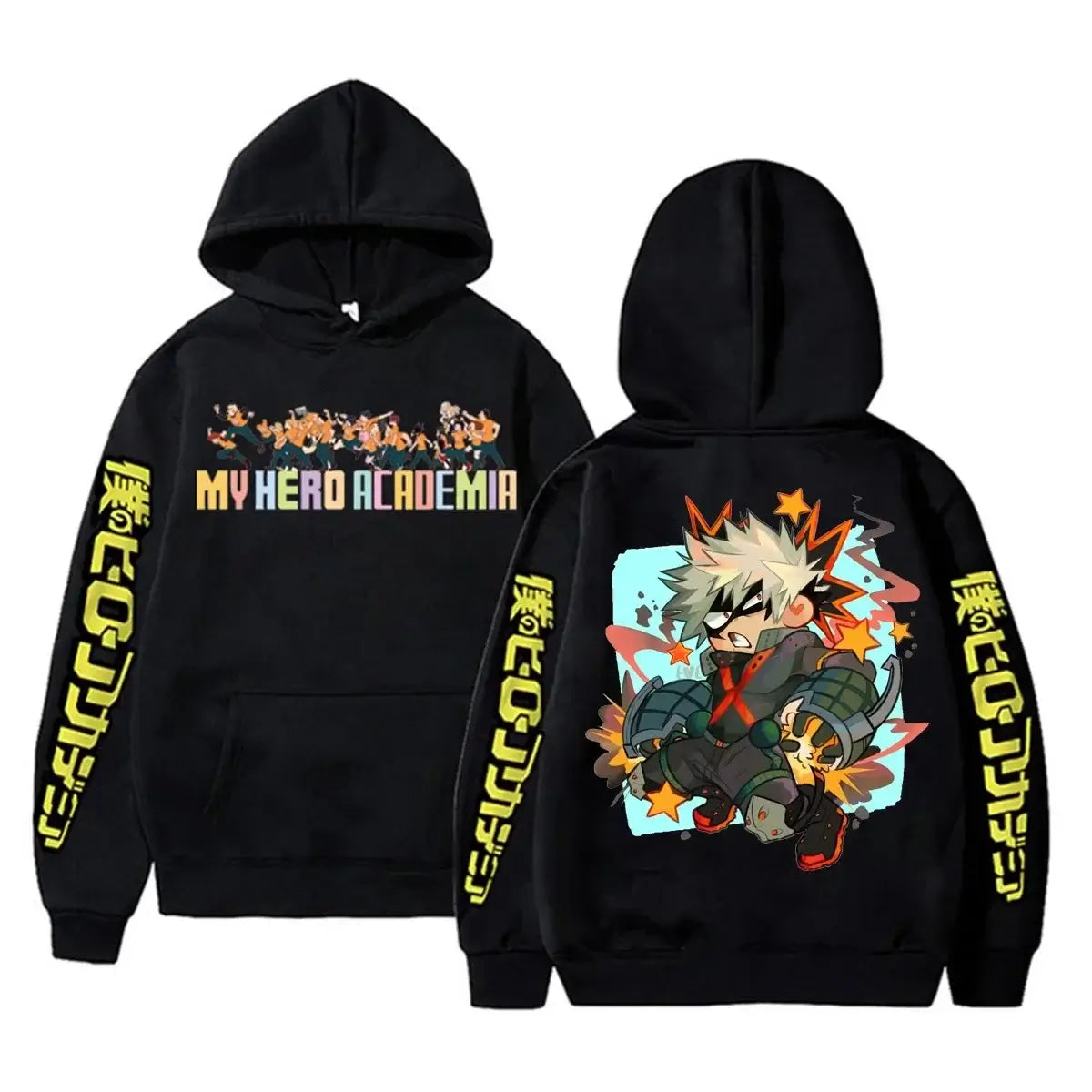 An oversized Midoriya Izuku Hoodie featuring a black and white manga graphic print, styled as unisex Harajuku streetwear for men and women.