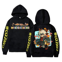 An oversized Midoriya Izuku Hoodie featuring a black and white manga graphic print, styled as unisex Harajuku streetwear for men and women.