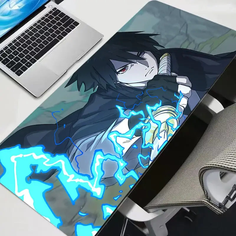 A premium Sasuke Uchiha Mouse Pad featuring an HD print anime graphic, designed as a non-slip rubber gaming desk mat for computer accessories.