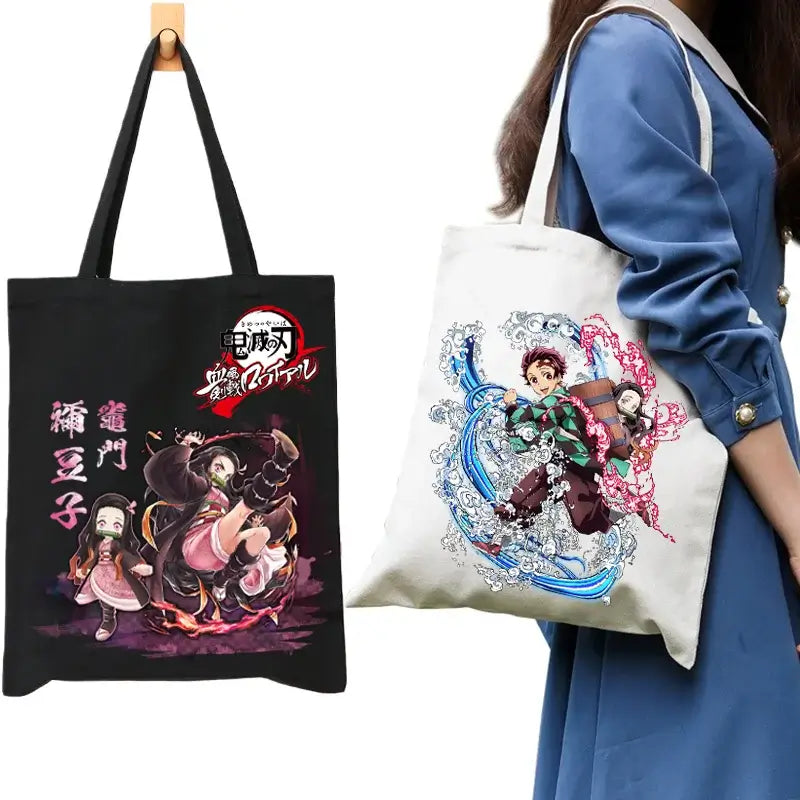 Demon Slayer Canvas Bag featuring Nezuko and Tanjiro designs on a black and white zipper tote, perfect for shopping and students.
